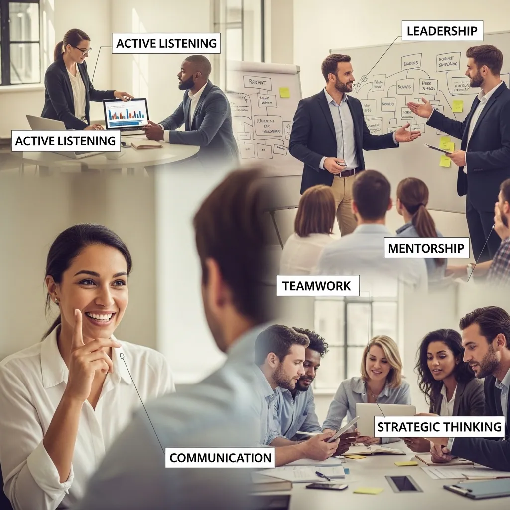 Un groupe diversifié de professionnels collaborant avec enthousiasme dans un bureau moderne, illustrant les compétences comportementales.