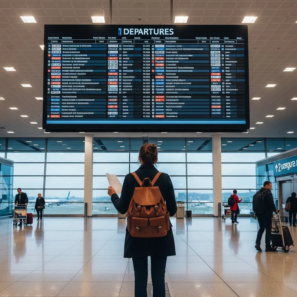 Une personne regardant le tableau des départs à l'aéroport, symbolisant le début d'un parcours de travail à l'étranger.